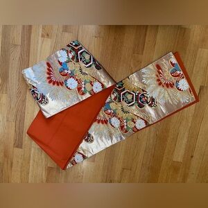 Vintage Japanese obi sash silk tapestry floral  theme 12” x 156”. Made in Japan